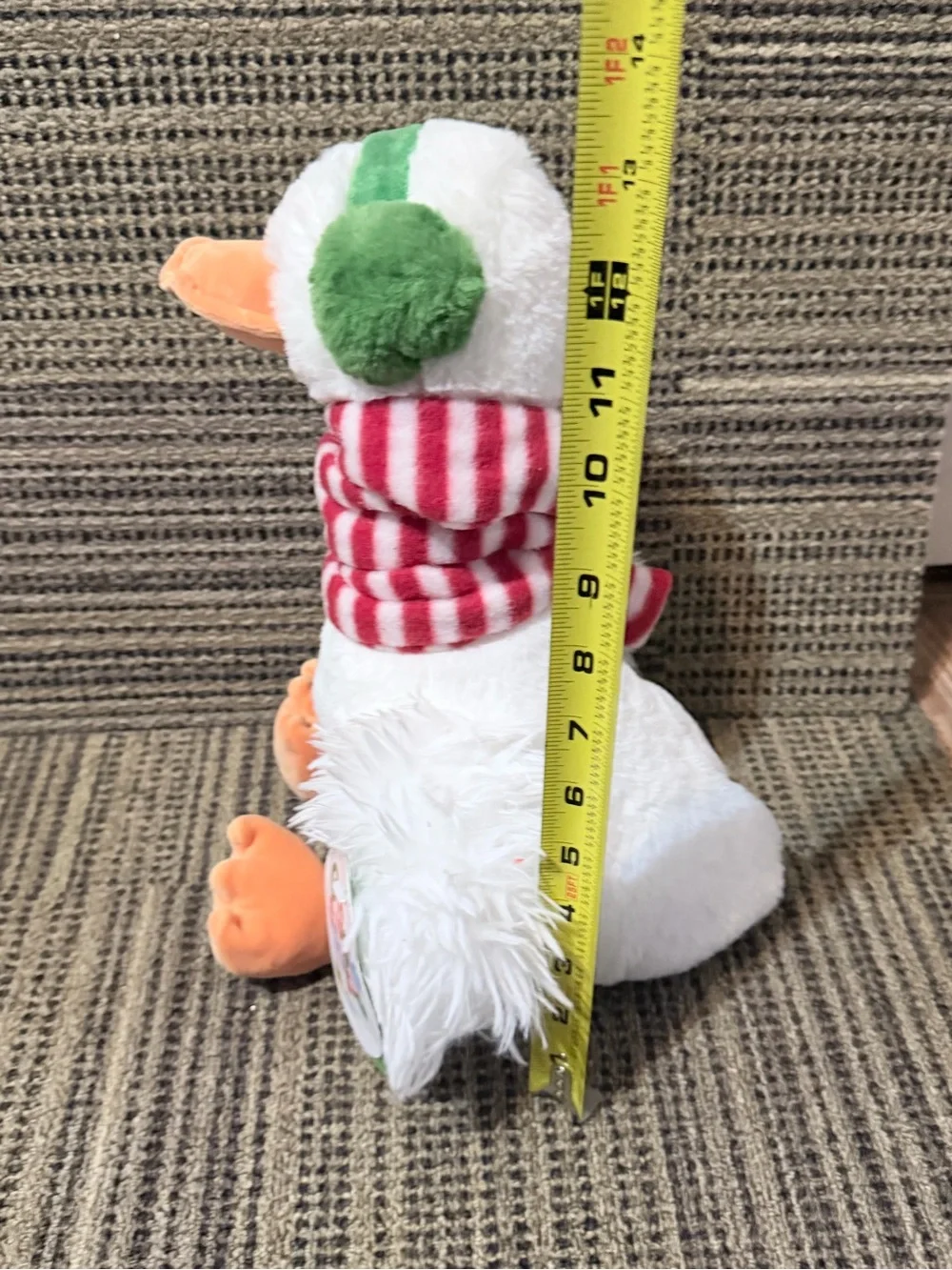 Plush White Duck Toy with Green Earmuffs and Red Striped Scarf